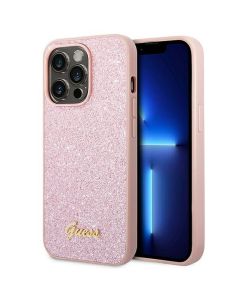 GUESS case for IPHONE 14 Pro Max GUHCP14XHGGSHP (Glitter Flakes Script Metal Logo) pink