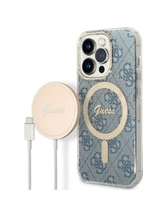 GUESS set for IPHONE 14 Pro compatible with MagSafe GUBPP14LH4EACSB (Bundle Pack / Case + Charger / 4G) gold blue