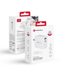 Phone charger Forcell F-Energy 3in1 USB C + USB A QC4.0 PD 3A 45W with three interchangeable plugs (EU / UK / US) TFK-TC-45WPDAC white