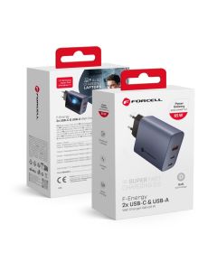 Phone charger do telefonu Forcell F-Energy GaN 2 x USB C + USB A QC4.0 PD 4A 65W VT-42B gray