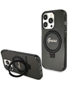 Original faceplate case GUESS GUHMP15XHRSGSK for iPhone 15 Pro Max (Compatible with Magsafe / Glitter Script Logo / Ring stand / black)