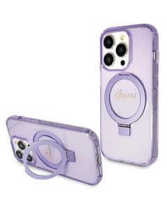 Original faceplate case GUESS GUHMP15XHRSGSU for iPhone 15 Pro Max (Compatible with Magsafe / Glitter Script Logo / Ring stand / purple)