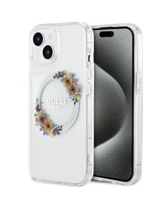 GUESS case for IPHONE 15 compatible with MagSafe GUHMP15SHFWFCT (Flowers Wreath) transparent