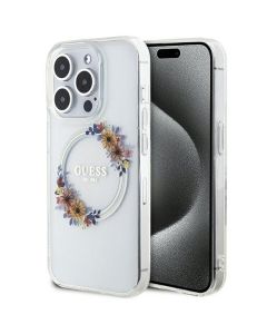 GUESS case for IPHONE 15 Pro compatible with MagSafe GUHMP15LHFWFCT (Flowers Wreath) transparent