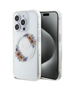 GUESS case for IPHONE 15 Pro Max compatible with MagSafe GUHMP15XHFWFCT (Flowers Wreath) transparent