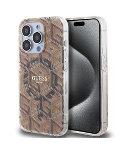 GUESS case for IPHONE 15 Pro compatible with MagSafe GUHMP15LHGCUSTGW (IML GCUBE) brown