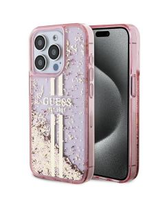 GUESS case for IPHONE 15 Pro GUHCP15LLFCSEGP (Liquid Glitter Gold Stripes) pink