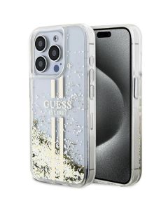 GUESS case for IPHONE 15 Pro GUHCP15LLFCSEGT (Liquid Glitter Gold Stripes) transparent