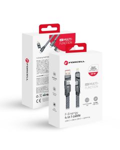 Cable 4in1 USB C / USB A to USB C / Lightning Forcell F-Energy QC PD 3A 60W 1 m C241 chrome