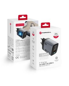 Phone charger Forcell F-Energy GaN III 2 x USB C + USB A QC4.0 3 45A PD 70W SAM SFC2.0 with display LCD VT-37 gray