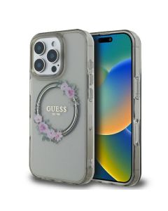 GUESS case for IPHONE 16 Pro compatible with MagSafe GUHMP16LHFWFCK (IML Flowers Wreath) black