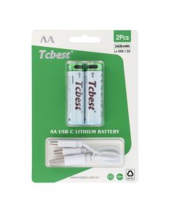 TCBEST rechargable battery R6 (AA) 1600 mAh with socket Type C + cable USB A to 2 x Type C 2 pcs