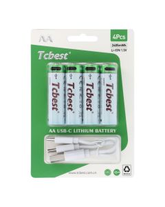 TCBEST rechargable battery R6 (AA) 1600 mAh with socket Type C + cable USB A to 4 x Type C 4 pcs