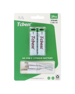 TCBEST rechargable battery R6 (AA) 1850 mAh with socket Type C + cable USB A to 2 x Type C 2 pcs