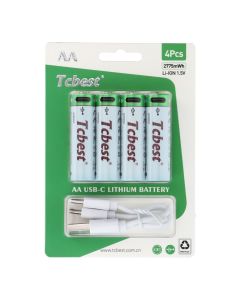 TCBEST rechargable battery R6 (AA) 1850 mAh with socket Type C + cable USB A to 4 x Type C 4 pcs