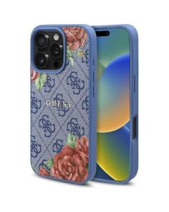 GUESS case for IPHONE 16 Pro compatible with MagSafe GUHMP16LP4ROPEMCB (4G Flowers Print) blue