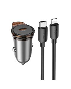 Car charger Hoco USB C QC PD 30W + cable USB C to Lightning NZ16 metal gray