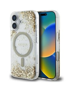 GUESS case for IPHONE 16 compatible with MagSafe GUHMP16SRGRGED (Resin Bottom Glitter) gold