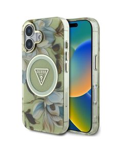 GUESS case for IPHONE 16 compatible with MagSafe GUHMP16SHFLPEDN (IML Metal Glitter Flowers Triangle) green