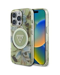GUESS case for IPHONE 16 Pro compatible with MagSafe GUHMP16LHFLPEDN (IML Metal Glitter Flowers Triangle) green