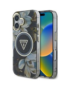 GUESS case for IPHONE 16 compatible with MagSafe GUHMP16SHFLPEDK (IML Metal Glitter Flowers Triangle) black