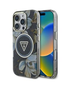 GUESS case for IPHONE 16 Pro compatible with MagSafe GUHMP16LHFLPEDK (IML Metal Glitter Flowers Triangle) black