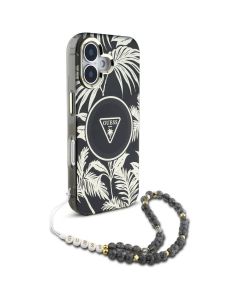 GUESS case for IPHONE 16 compatible with MagSafe GUHMP16SHPCTPLSK (IML Palm Trees Triangle W/ Pearl Strap) black