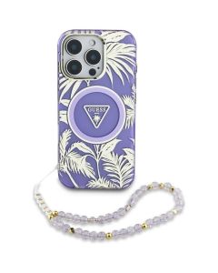 GUESS case for IPHONE 16 compatible with MagSafe GUHMP16SHPCTPLSU (IML Palm Trees Triangle W/ Pearl Strap) purple