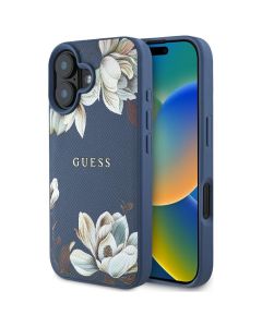 GUESS case for IPHONE 16 compatible with MagSafe GUHMP16SPGNMPLMB (PU Grained Flowers Classic Logo) blue
