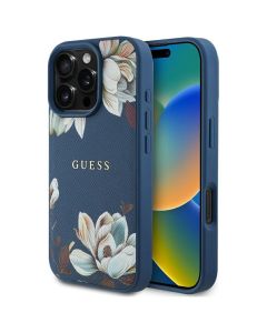 GUESS case for IPHONE 16 Pro Max compatible with MagSafe GUHMP16XPGNMPLMB (PU Grained Flowers Classic Logo) blue