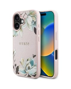 GUESS case for IPHONE 16 compatible with MagSafe GUHMP16SPGNMPLMP (PU Grained Flowers Classic Logo) pink