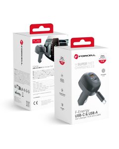 Car charger Forcell F-Energy Alu USB C + USB A +retractable cable USB C PD QC4.0 SFC2.0 3A 75W black