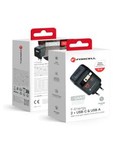 Phone charger Forcell F-Energy GaN USB C + USB A + retractable cable USB C PD QC4.0 3A 70W VT-R7 gray