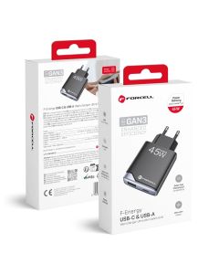 Phone charger Forcell F-Energy Ultra Slim GaN III USB C + USB A PD QC4.0 3A 45W B245202(1A1C) black