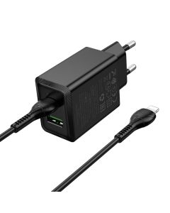 Phone charger Hoco USB A + USB C QC3.0 PD AFC 3A 30W + cable USB C to USB C N71 black