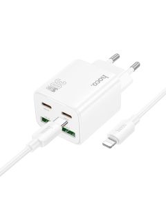 Phone charger Hoco 2 x USB C + 2 x USB A QC3.0 PD 3A 30W + cable USB C to Lightning N56 white