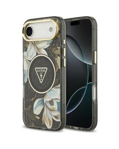 GUESS case for IPHONE 17 Air compatible with MagSafe GUHMP17MHFLPEDK (IML Metal Glitter Flowers Triangle) black