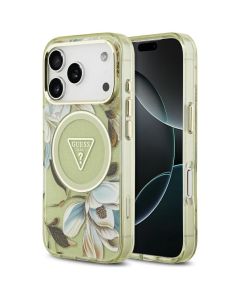 GUESS case for IPHONE 17 Pro compatible with MagSafe GUHMP17LHFLPEDN (IML Metal Glitter Flowers Triangle) green