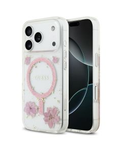 GUESS case for IPHONE 17 Pro compatible with MagSafe GUHMP17LRBFGFGMP (Resin Flowers and Glitter) pink
