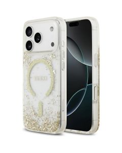GUESS case for IPHONE 17 Pro compatible with MagSafe GUHMP17LRGRGED (Resin Bottom Glitter) gold