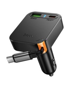 Car charger Hoco wit retractable cable 2 x USB C + USB A QC PD 65W NZ18 black