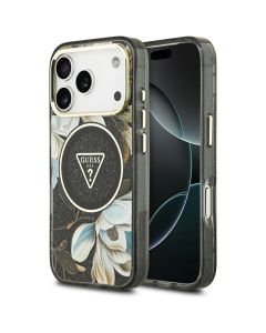 GUESS case for IPHONE 17 Pro Max compatible with MagSafe GUHMP17XHFLPEDK (IML Metal Glitter Flowers Triangle) black