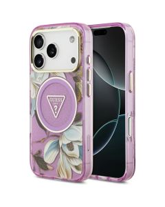 GUESS case for IPHONE 17 Pro Max compatible with MagSafe GUHMP17XHFLPEDU (IML Metal Glitter Flowers Triangle) purple