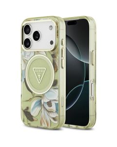 GUESS case for IPHONE 17 Pro Max compatible with MagSafe GUHMP17XHFLPEDN (IML Metal Glitter Flowers Triangle) green