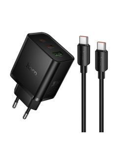 Phone charger Hoco 2x USB C + USB A QC3.0 PD 3A 65W + data cable USB C to USB C N75 black