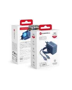 Phone charger Forcell F-Energy GaN III Crystal Color 2x USB C AVS SSFC3.0 60W + silicone cable USB C to USB C VT-60 dark blue