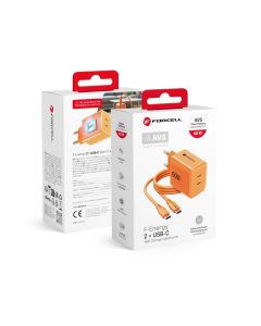 Phone charger Forcell F-Energy GaN III Crystal Color 2x USB C AVS SSFC3.0 60W + silicone cable USB C to USB C VT-60 orange