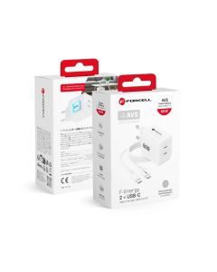 Phone charger Forcell F-Energy GaN III Crystal Color 2x USB C AVS SSFC3.0 60W + silicone cable USB C to USB C VT-60 white