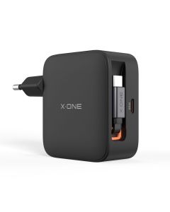 Travel charger X-ONE ChargeGo GaN 65W with retractable cable and USB C port - black