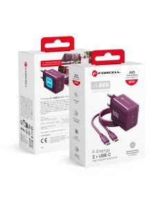 Phone charger Forcell F-Energy GaN III Crystal Color 2x USB C AVS SSFC3.0 60W + silicone cable USB C to USB C VT-60 burgund